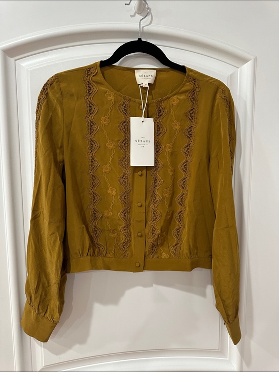 Sezane Tops - Sezane Olive-Mustard Embroidered Button shirt size 4
